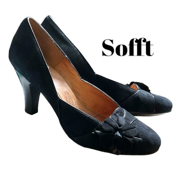 Sofft Pump Shoe SWomen's Size 9.5M Trimmed Black Suede Leather Kitten Heel - Picture 1 of 15